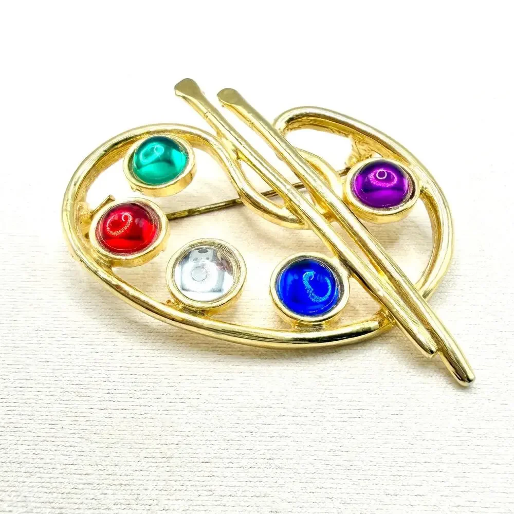 Vintage MJENT VTG Jeweled Gold Tone Artist's Paint Brush Palette Pin Brooch
